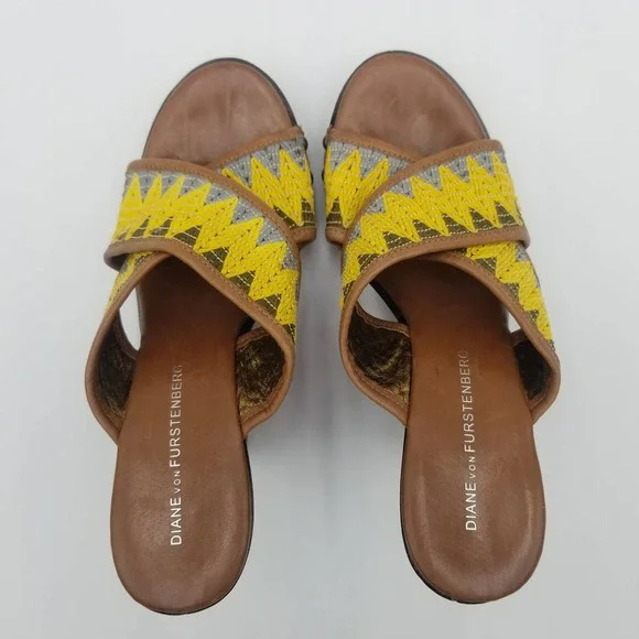 Diane von Furstenberg Wedge Heel Sandals Leather Straps Chevron Print Women's 7 - Picture 6 of 7